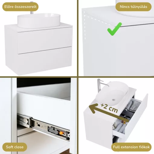 HD Zyra Pro Silk Matt White 80 komplett fürdőszoba bútor szett fali push-to-open mosdószekrénnyel, selymes matt fehér mosdópulttal, tükörrel és magasszekrénnyel