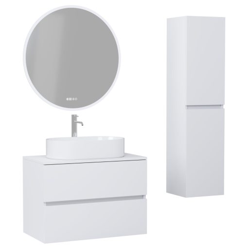 HD Zyra Silk Matt White 80 komplett fürdőszoba bútor szett fali mosdószekrénnyel, selymes matt fehér mosdópulttal, tükörrel és magasszekrénnyel