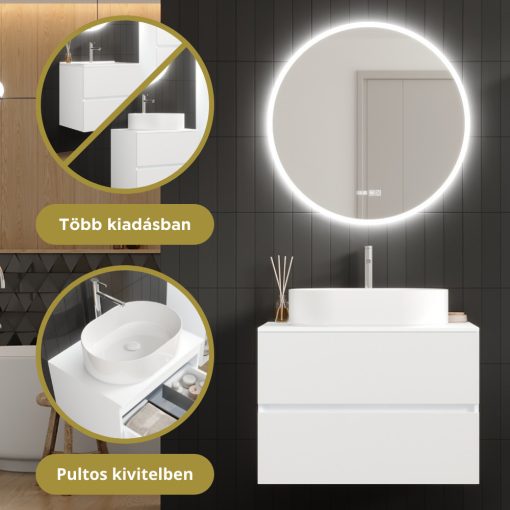 HD Zyra Silk Matt White 80 komplett fürdőszoba bútor szett fali mosdószekrénnyel, selymes matt fehér mosdópulttal, tükörrel és magasszekrénnyel