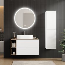 HD Zyra Pro+ Silk Matt White 100 fali mosdószekrény, push-to-open mechanizmussal, oak mosdópulttal és kiegészítő oak fali modullal