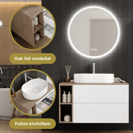 HD Zyra Pro+ Silk Matt White 100 fali mosdószekrény, push-to-open mechanizmussal, oak mosdópulttal és kiegészítő oak fali modullal