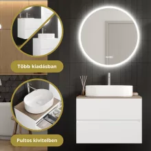 HD Zyra Pro Silk Matt White 80 komplett fürdőszoba bútor fali push-to-open mosdószekrénnyel, tölgyfa színű mosdópulttal és tükörrel