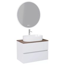 HD Zyra Silk Matt White 80 komplett fürdőszoba bútor fali mosdószekrénnyel, tölgyfa színű mosdópulttal és tükörrel