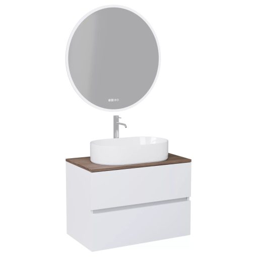 HD Zyra Silk Matt White 80 komplett fürdőszoba bútor fali mosdószekrénnyel, tölgyfa színű mosdópulttal és tükörrel