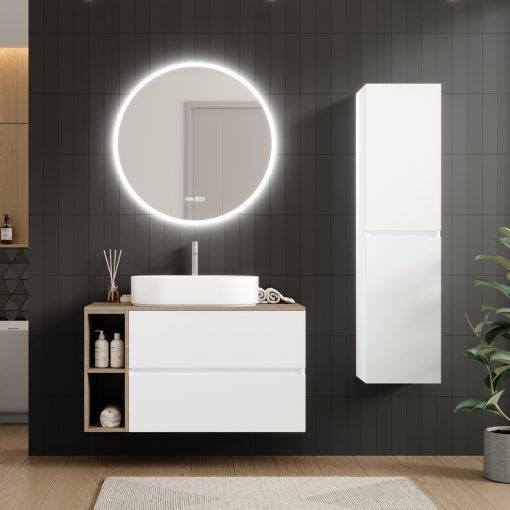 HD Zyra Pro+ Silk Matt White 100 komplett fürdőszoba bútor fali push-to-open mosdószekrénnyel, oak mosdópulttal, kiegészítő oak fali modullal és tükörrel