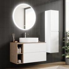 HD Zyra+ Silk Matt White 100 komplett fürdőszoba bútor fali mosdószekrénnyel, oak mosdópulttal, kiegészítő oak fali modullal és tükörrel