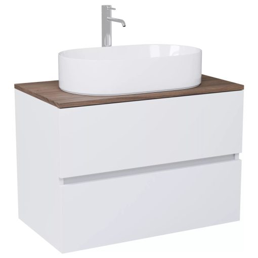 HD Zyra Silk Matt White 80 komplett fürdőszoba bútor fali mosdószekrénnyel, tölgyfa színű mosdópulttal és tükörrel