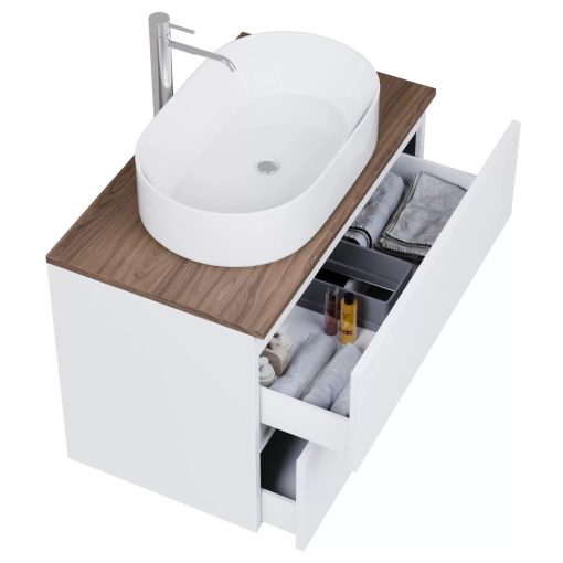 HD Zyra Silk Matt White 80 komplett fürdőszoba bútor fali mosdószekrénnyel, tölgyfa színű mosdópulttal és tükörrel