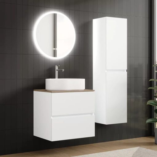 HD Zyra Silk Matt White 80 komplett fürdőszoba bútor fali mosdószekrénnyel, tölgyfa színű mosdópulttal és tükörrel