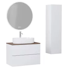 HD Zyra Pro Silk Matt White 80 komplett fürdőszoba bútor szett fali push-to-open mosdószekrénnyel, tölgyfa színű mosdópulttal, tükörrel és magasszekrénnyel