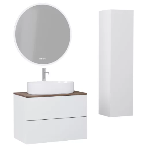 HD Zyra Pro Silk Matt White 80 komplett fürdőszoba bútor szett fali push-to-open mosdószekrénnyel, tölgyfa színű mosdópulttal, tükörrel és magasszekrénnyel