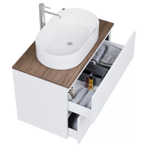 HD Zyra Pro Silk Matt White 80 komplett fürdőszoba bútor szett fali push-to-open mosdószekrénnyel, tölgyfa színű mosdópulttal, tükörrel és magasszekrénnyel