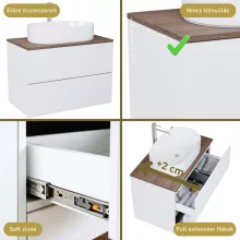 HD Zyra Pro Silk Matt White 80 komplett fürdőszoba bútor szett fali push-to-open mosdószekrénnyel, tölgyfa színű mosdópulttal, tükörrel és magasszekrénnyel