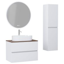 HD Zyra Silk Matt White 80 komplett fürdőszoba bútor szett fali mosdószekrénnyel, tölgyfa színű mosdópulttal, tükörrel és magasszekrénnyel