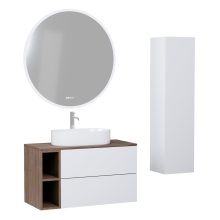 HD Zyra Pro+ Silk Matt White 100 komplett fürdőszoba bútor szett fali push-to-open mosdószekrénnyel, oak mosdópulttal, kiegészítő oak fali modullal, tükörrel és magasszekrénnyel