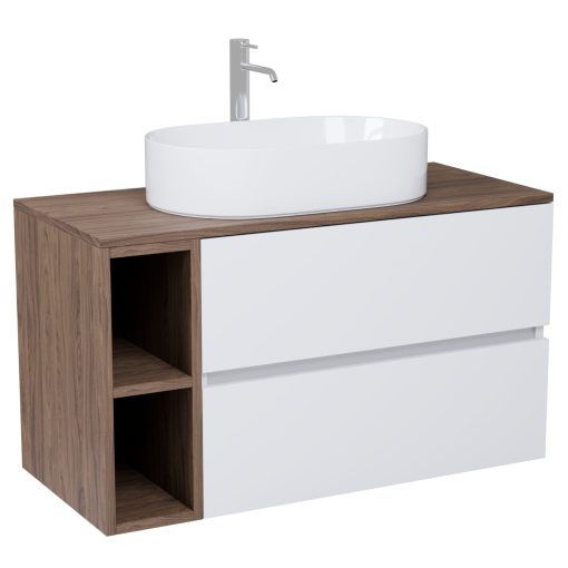 HD Zyra+ Silk Matt White 100 komplett fürdőszoba bútor szett fali mosdószekrénnyel, oak mosdópulttal, kiegészítő oak fali modullal, tükörrel és magasszekrénnyel