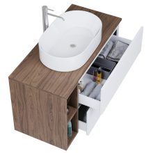 HD Zyra+ Silk Matt White 100 komplett fürdőszoba bútor szett fali mosdószekrénnyel, oak mosdópulttal, kiegészítő oak fali modullal, tükörrel és magasszekrénnyel