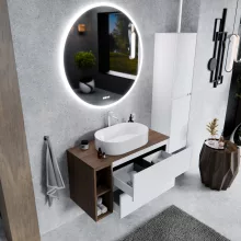 HD Zyra+ Silk Matt White 100 komplett fürdőszoba bútor szett fali mosdószekrénnyel, oak mosdópulttal, kiegészítő oak fali modullal, tükörrel és magasszekrénnyel