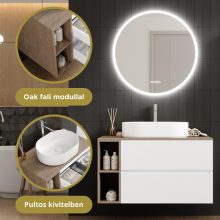 HD Zyra+ Silk Matt White 100 komplett fürdőszoba bútor szett fali mosdószekrénnyel, oak mosdópulttal, kiegészítő oak fali modullal, tükörrel és magasszekrénnyel