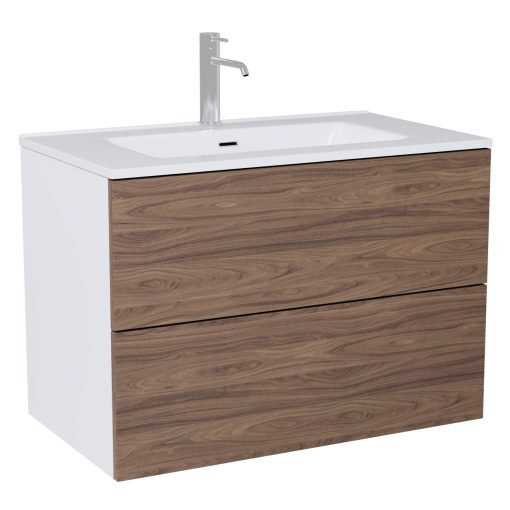 HD Aria Pro Silk Matt White-Oak 80 fali mosdószekrény, push-to-open mechanizmussal, fényes fehér slim mosdóval