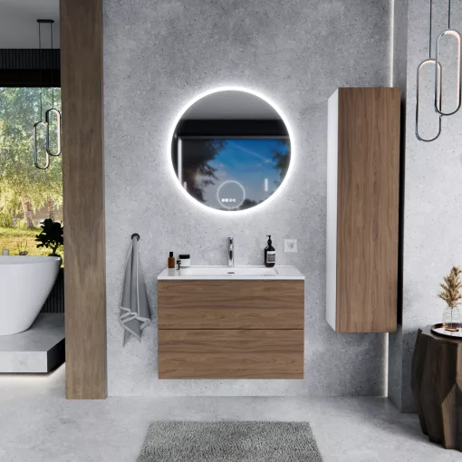 HD Aria Pro Silk Matt White-Oak 80 fali mosdószekrény, push-to-open mechanizmussal, fényes fehér slim mosdóval
