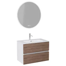 HD Aria Silk Matt White-Oak 80 komplett fürdőszoba bútor fali mosdószekrénnyel, fényes fehér slim mosdóval és tükörrel