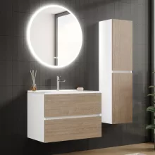 HD Aria Silk Matt White-Oak 80 komplett fürdőszoba bútor fali mosdószekrénnyel, fényes fehér slim mosdóval és tükörrel