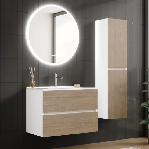 HD Aria Silk Matt White-Oak 80 komplett fürdőszoba bútor fali mosdószekrénnyel, fényes fehér slim mosdóval és tükörrel