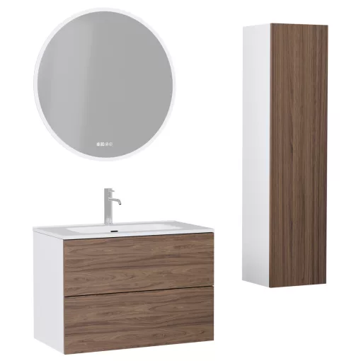 HD Aria Pro Silk Matt White-Oak 80 komplett fürdőszoba bútor szett fali push-to-open mosdószekrénnyel, fényes fehér slim mosdóval, tükörrel és magasszekrénnyel