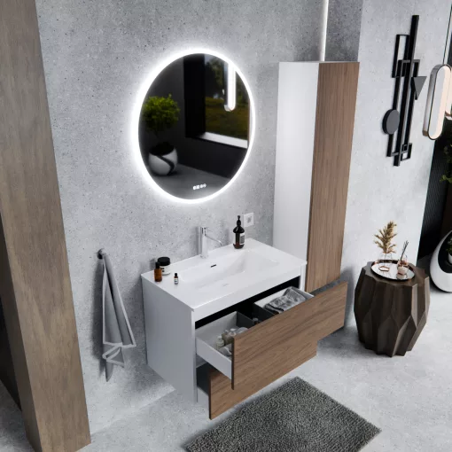 HD Aria Pro Silk Matt White-Oak 80 komplett fürdőszoba bútor szett fali push-to-open mosdószekrénnyel, fényes fehér slim mosdóval, tükörrel és magasszekrénnyel