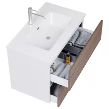 HD Aria Silk Matt White-Oak 80 komplett fürdőszoba bútor szett fali mosdószekrénnyel, fényes fehér slim mosdóval, tükörrel és magasszekrénnyel