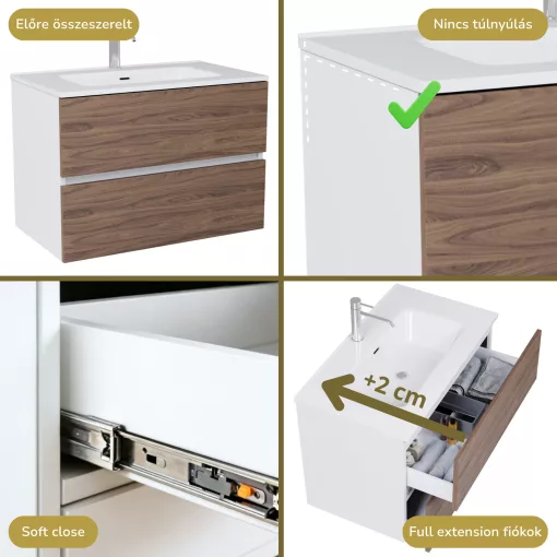 HD Aria Silk Matt White-Oak 80 komplett fürdőszoba bútor szett fali mosdószekrénnyel, fényes fehér slim mosdóval, tükörrel és magasszekrénnyel