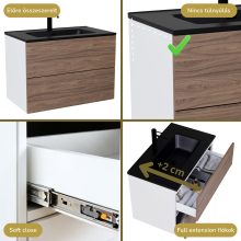 HD Aria Pro Silk Matt White-Oak 80 fali mosdószekrény, push-to-open mechanizmussal, matt fekete slim mosdóval