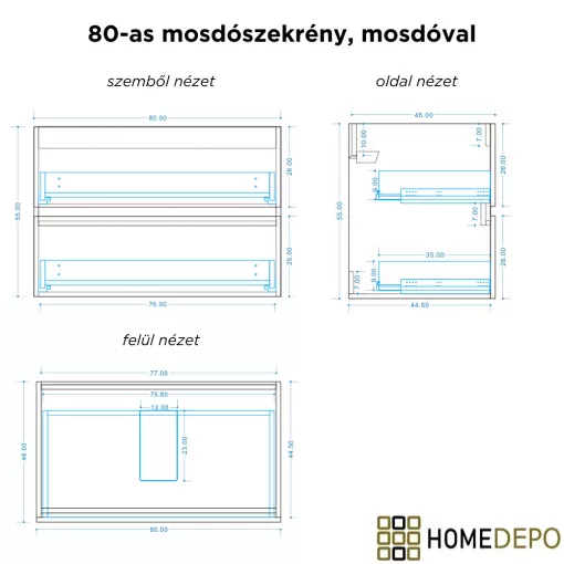HD Aria Pro Silk Matt White-Oak 80 komplett fürdőszoba bútor fali push-to-open mosdószekrénnyel, matt fekete slim mosdóval és tükörrel