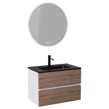 HD Aria Silk Matt White-Oak 80 komplett fürdőszoba bútor fali mosdószekrénnyel, matt fekete slim mosdóval és tükörrel