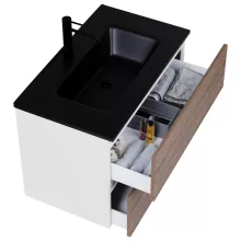 HD Aria Silk Matt White-Oak 80 komplett fürdőszoba bútor fali mosdószekrénnyel, matt fekete slim mosdóval és tükörrel