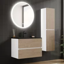 HD Aria Silk Matt White-Oak 80 komplett fürdőszoba bútor fali mosdószekrénnyel, matt fekete slim mosdóval és tükörrel