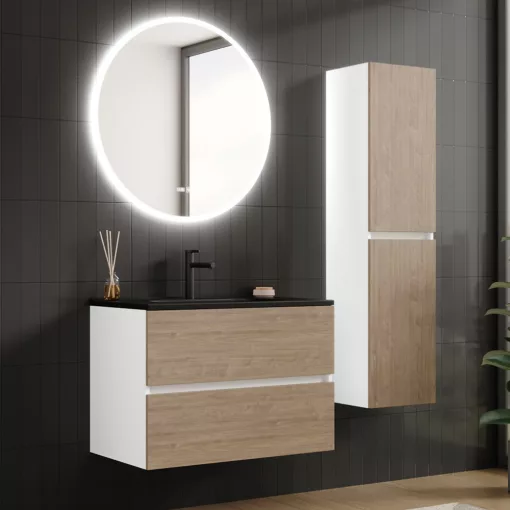 HD Aria Silk Matt White-Oak 80 komplett fürdőszoba bútor fali mosdószekrénnyel, matt fekete slim mosdóval és tükörrel