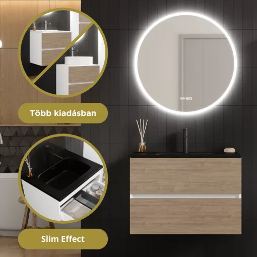 HD Aria Silk Matt White-Oak 80 komplett fürdőszoba bútor fali mosdószekrénnyel, matt fekete slim mosdóval és tükörrel