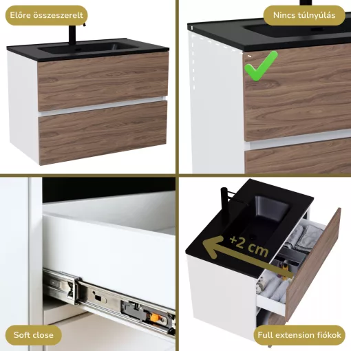 HD Aria Silk Matt White-Oak 80 komplett fürdőszoba bútor fali mosdószekrénnyel, matt fekete slim mosdóval és tükörrel