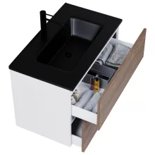 HD Aria Pro Silk Matt White-Oak 80 komplett fürdőszoba bútor szett fali push-to-open mosdószekrénnyel, matt fekete slim mosdóval, tükörrel és magasszekrénnyel