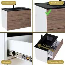 HD Aria Pro Silk Matt White-Oak 80 komplett fürdőszoba bútor szett fali push-to-open mosdószekrénnyel, matt fekete slim mosdóval, tükörrel és magasszekrénnyel