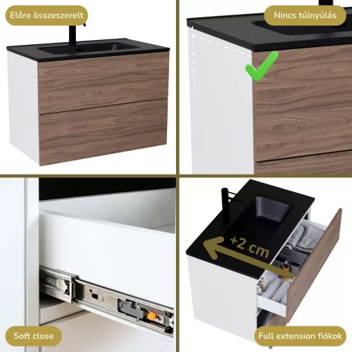 HD Aria Pro Silk Matt White-Oak 80 komplett fürdőszoba bútor szett fali push-to-open mosdószekrénnyel, matt fekete slim mosdóval, tükörrel és magasszekrénnyel