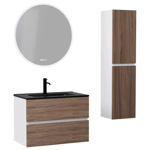 HD Aria Silk Matt White-Oak 80 komplett fürdőszoba bútor szett fali mosdószekrénnyel, matt fekete slim mosdóval, tükörrel és magasszekrénnyel