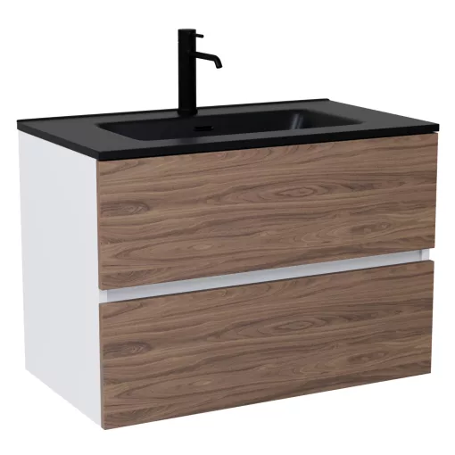 HD Aria Silk Matt White-Oak 80 komplett fürdőszoba bútor szett fali mosdószekrénnyel, matt fekete slim mosdóval, tükörrel és magasszekrénnyel