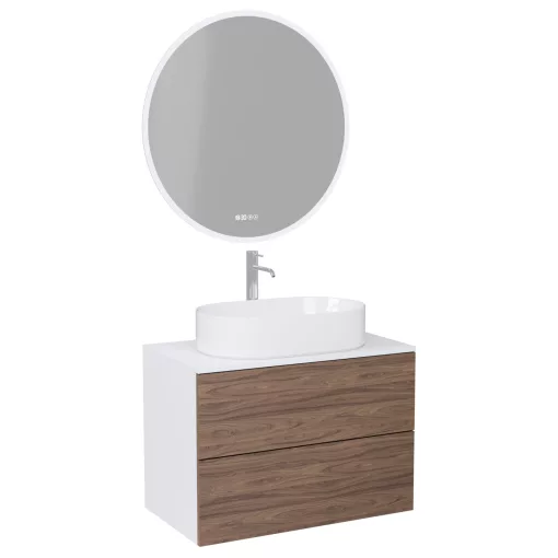 HD Zyra Pro Silk Matt White-Oak 80 komplett fürdőszoba bútor fali push-to-open mosdószekrénnyel, selymes matt fehér mosdópulttal és tükörrel