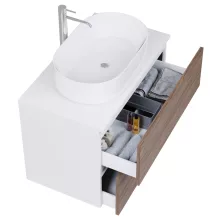 HD Zyra Pro Silk Matt White-Oak 80 komplett fürdőszoba bútor fali push-to-open mosdószekrénnyel, selymes matt fehér mosdópulttal és tükörrel