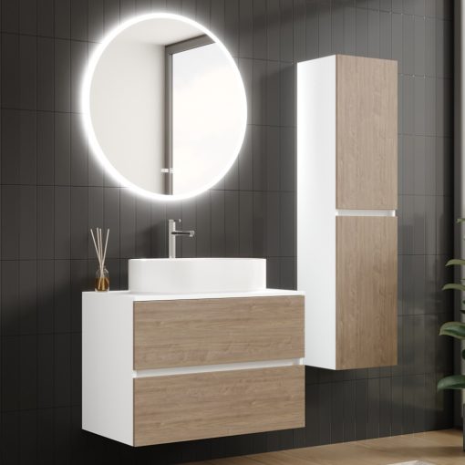 HD Zyra Silk Matt White-Oak 80 komplett fürdőszoba bútor fali mosdószekrénnyel, selymes matt fehér mosdópulttal és tükörrel