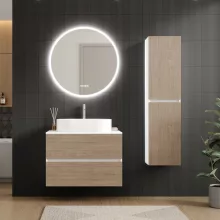 HD Zyra Pro Silk Matt White-Oak 80 komplett fürdőszoba bútor szett fali push-to-open mosdószekrénnyel, selymes matt fehér mosdópulttal, tükörrel és magasszekrénnyel