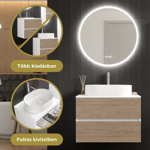 HD Zyra Silk Matt White-Oak 80 komplett fürdőszoba bútor szett fali mosdószekrénnyel, selymes matt fehér mosdópulttal, tükörrel és magasszekrénnyel